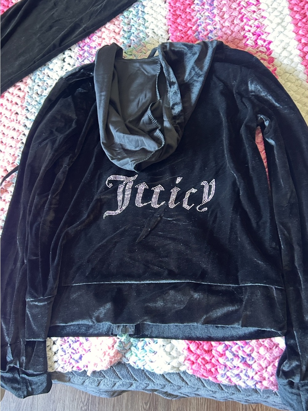 Juicy Couture Black Velour Hoodie with Rhinestone 'Juicy' Logo
